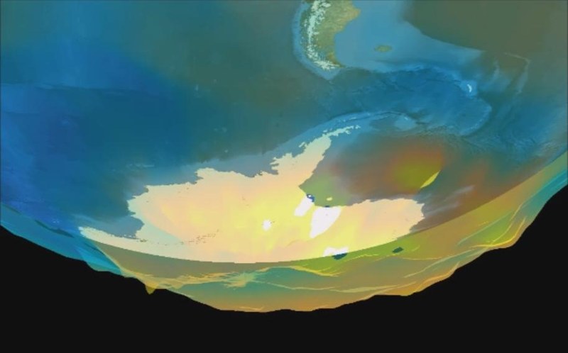 Scientific visualization of 2014 Antarctic ozone depletion from AIRS data; not an opening in the ice or Earth.
