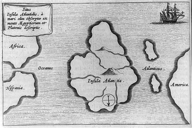Kircher’s historical Atlantis illustration / Library of Congress. Not a survey of Antarctica or proof Atlantis existed.